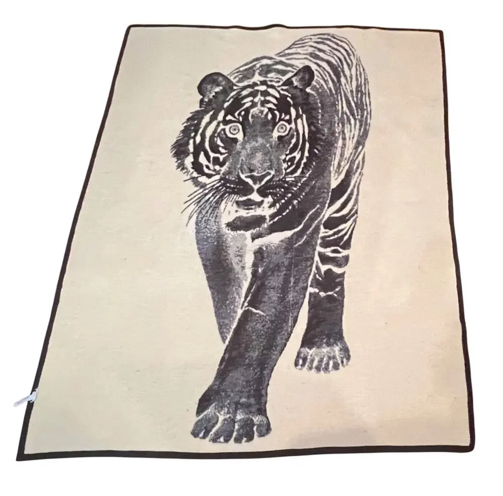 Biederlack Vintage Tiger Blanket Acrylic Cozy Beige Brown Large 75x60” USA Made